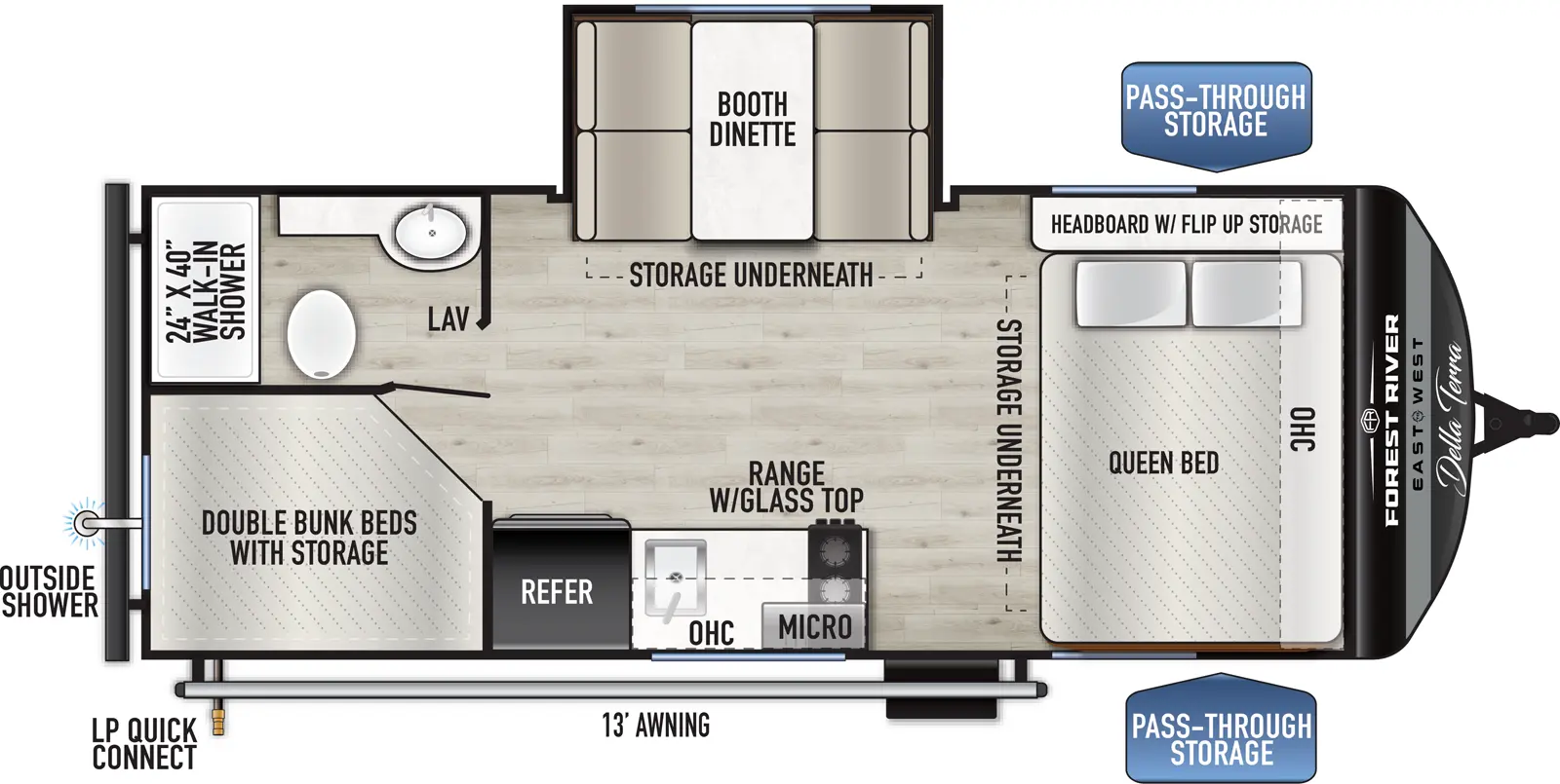 The Della Terra 181BHLE floorplan has one entry and one slide out. Exterior features include: metal exterior and 13' awning. Interiors features include: bunk beds and front bedroom.